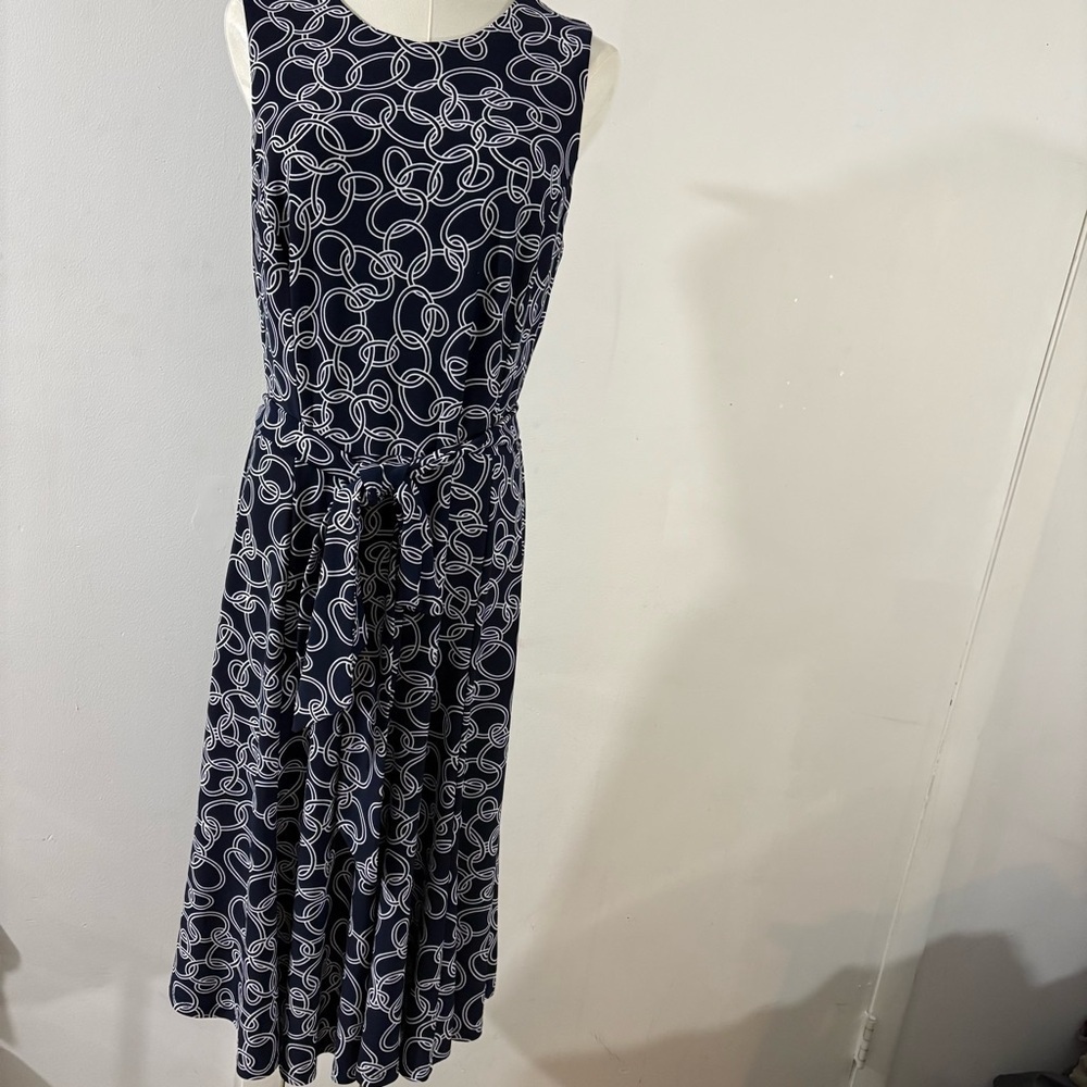 Lauren Ralph Lauren Blue White Sleeveless Chain Link Print Dress W/ Belt Size 10
